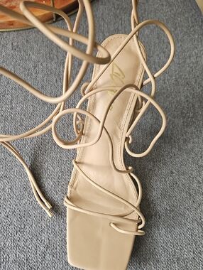 Liliana Nude Lace-Up Square Toe Gold Heels